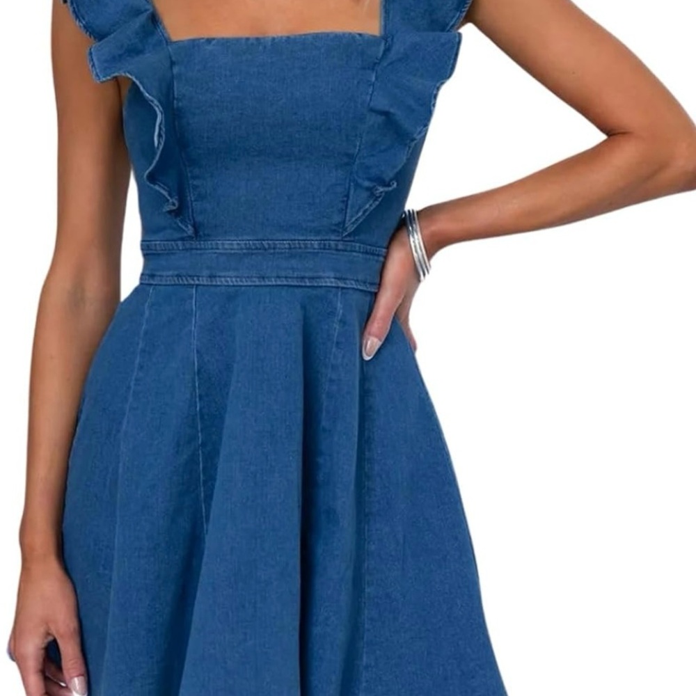 New Women’s XL summer ruffle denim mini dress, adjustable straps, A line